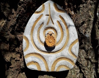 Magical Garden~Faerie Door~Hawthorn Tree Ogham~Inscribed~Unique~Protection Charm~Concrete~Outdoor~Use~Grey~Orange~Handmade~Freehand