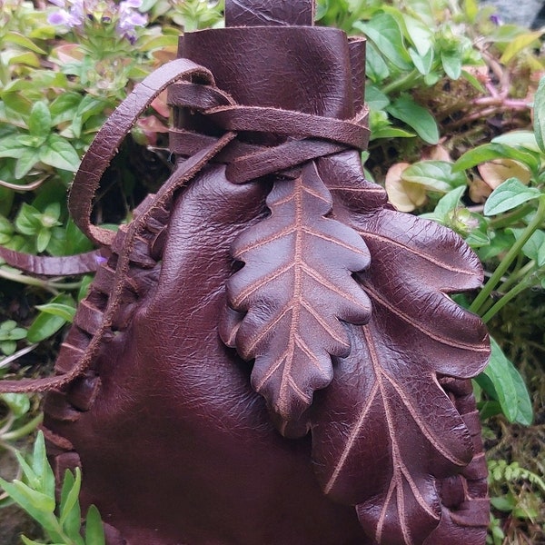 Oak Leaf Design, Leather, Purse/Pouch, Handmade, Belt Loop, Engraved/Formed Leaves, Drawstring, Eco Friendly, Soft, Dark Brown, Unique Purse