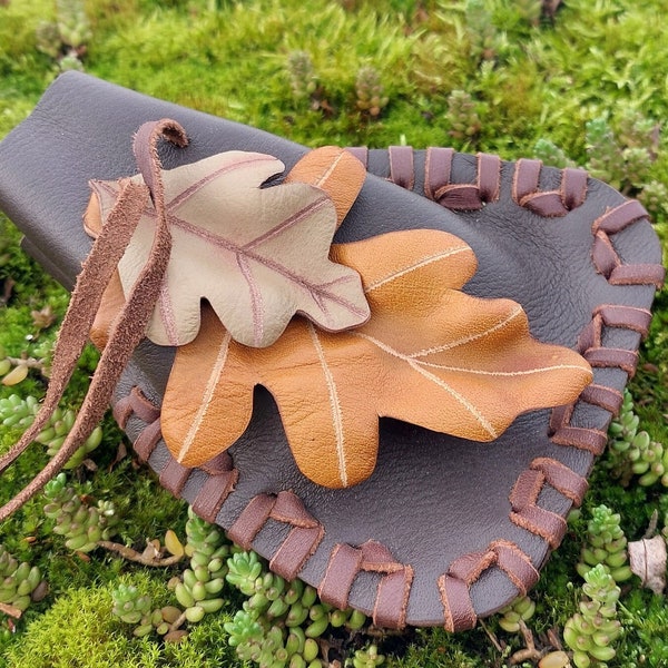 Handmade, Leather Pouch/Purse, Oak Leaf Design, Drawstring, Belt Loop, Engraved/Formed Leaves, Dark Brown, Eco Friendly, Unique accessories