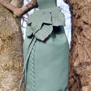 Large, Leather, Bucket Bag, Pouch, Sycamore Leaf Design, Teal, Leather Leaves, Engraved/Formed, Drawstring, Belt Loop, Handmade, Unique,