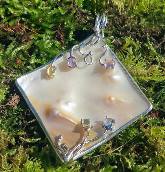 Pendentif Ancien En Citrine Et Nacre Monté Sur Argent 925 - Bon état Avec Légère Usure D'usage