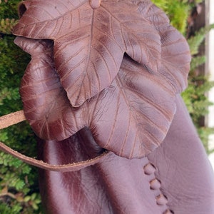 Large, Leather, Bucket Bag/Pouch, Sycamore Leaf Design, Leather Leaves, Engraved/Formed, Soft, Brown, Drawstring, Belt Loop, Eco Friendly,