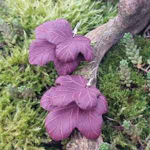 Handmade, Leather Leaf, Statement Earrings, Engraved/Formed, Soft, Plum, Sycamore Leaf Design, Sterling Silver Hooks, Eco Friendly, Unique