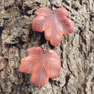 Leather Leaf, Engraved/Formed, Statement Earrings, Tan, Sycamore Leaf Design, Handmade, Sterling Silver Hooks, Eco Friendly, Unique