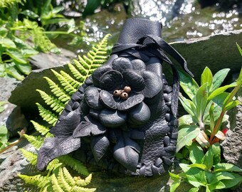 Handmade Leather Goods, Botanical Eco Friendly, Pouch, Purse, Black, Flowers, Leaves, Brass Bells, Drawstring Fastener, Alder Faerie.