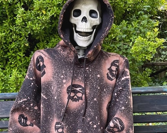 black bleached hoodie / horror hoodie /  bleached skeleton hoodie / Halloween sweatshirt / skull hoodie