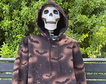 Halloween hoodie / Black bleached hoodie / Bat lover gift bleached dye hoodie / acid wash hoodie/ bleached sweatshirt Halloween