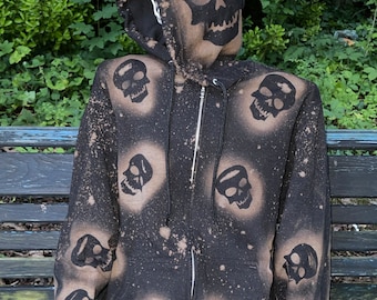 bleached skeleton zip up hoodie / Halloween hoodie / black bleached hoodie / bleached sweatshirt / spooky hoodie / bleach dye shirt