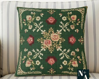 Vintage Floral Needlepoint Pillow: Folk Art Green Cushion (18x18, 20x20, 22x22)