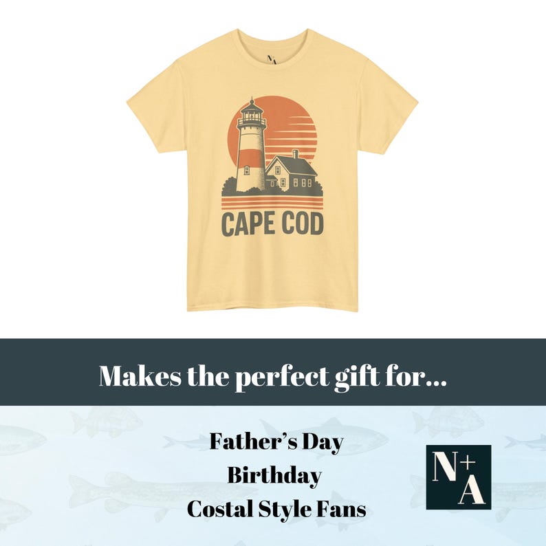 May include: A light yellow t-shirt featuring a lighthouse graphic with a red sun and the text "CAPE COD". The lighthouse is white and red, with a small house next to it. The shirt is a coastal style.