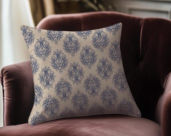 Blue Damask Accent Pillow: Victorian Elegant Home Decor