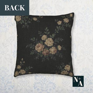 Back view of double-sided vintage tapestry pillow with intricate floral rug design in earthy colors