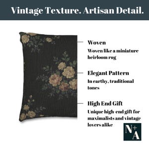 Close-up of floral woven pillow highlighting intricate pattern with features listed for artisan-crafted vintage decor