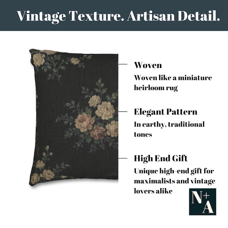 Close-up of floral woven pillow highlighting intricate pattern with features listed for artisan-crafted vintage decor