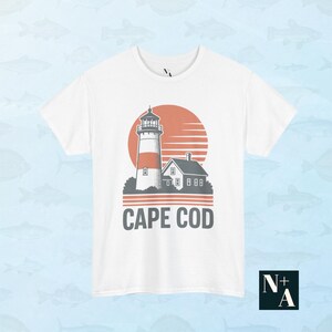 Cape Cod graphic t-shirt in white with coastal lighthouse print for retro-inspired summer fashion