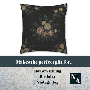 Tapestry pillow displayed with text: makes the perfect gift for housewarming, birthday, or vintage rug lovers
