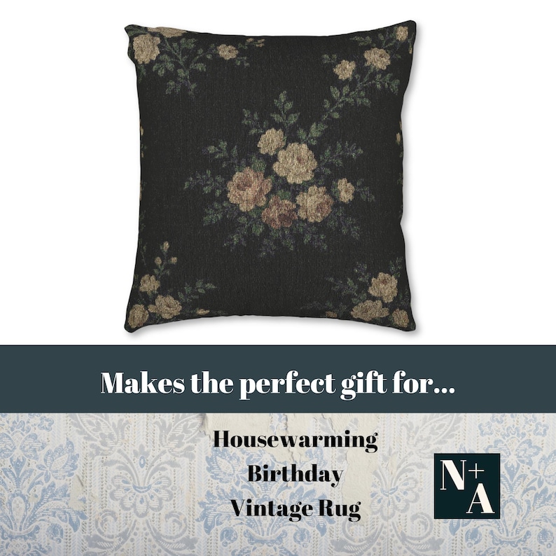 Tapestry pillow displayed with text: makes the perfect gift for housewarming, birthday, or vintage rug lovers