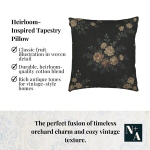 Heirloom-style tapestry pillow with key selling points including rug pattern and antique tones for vintage home styling