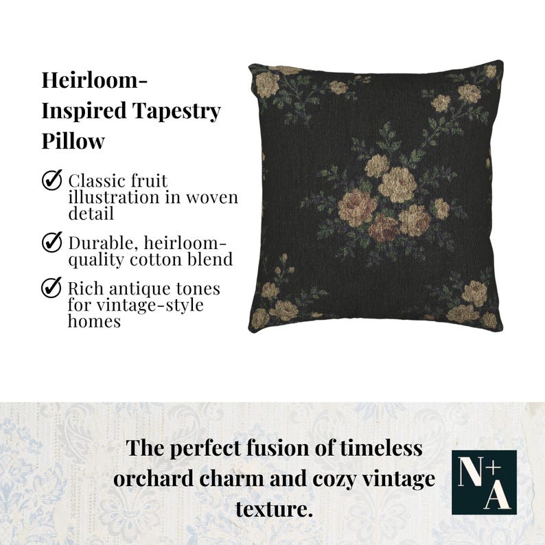 Heirloom-style tapestry pillow with key selling points including rug pattern and antique tones for vintage home styling
