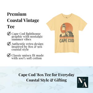 Cape Cod coastal vintage tee with graphic highlights and retro beachwear design on info card layout