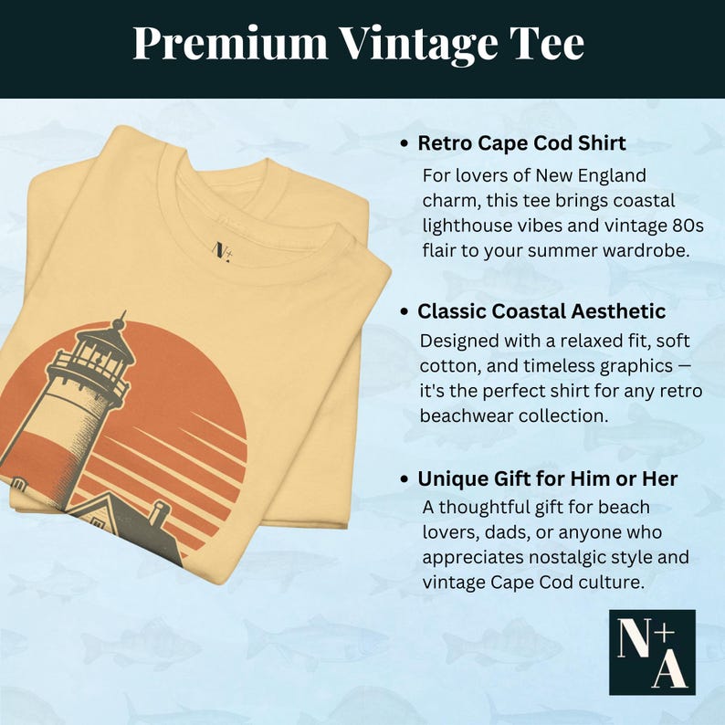 Cape Cod lighthouse tee folded to show retro graphic with info card highlighting vintage design benefits