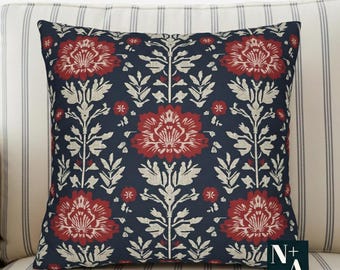 Vintage Floral Throw Pillow: Navy & Red Folk Art Cushion (18x18)