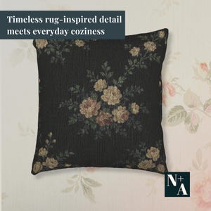 Rug-style tapestry pillow on vintage floral backdrop with overlay text reading 'Timeless rug-inspired detail meets everyday coziness'