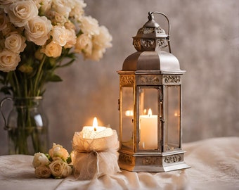 Art print on canvas, antique lantern with candles and roses, shabby chic still life
