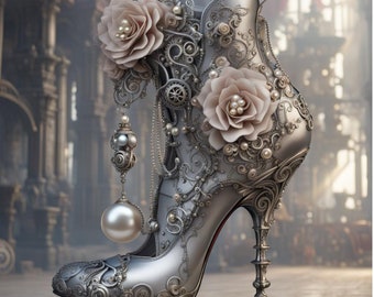 Art print on paper, elegant steampunk high heel stiletto with pearls