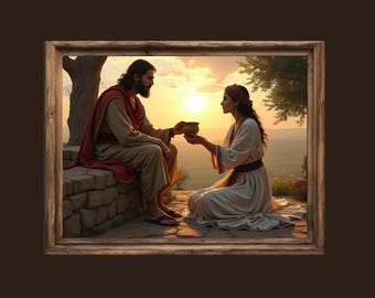 May include: A framed digital art print depicts two figures in ancient attire. One figure, seated, offers a small bowl to the other, who kneels. The scene is bathed in the warm light of a sunset, with a tree and distant hills in the background.