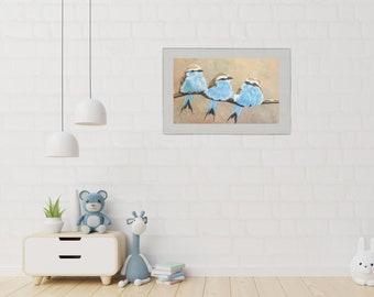 Blue Bird Wall Art, Blue Bird Print on Paper, Powder Puff Baby Birds, Kids Room Wall Art, Cute Birds