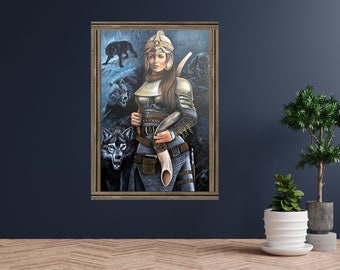 Woman Warrior Wall Art, Fighting Wolves, Shofar, Print on Paper, Woman Fighter in Armor, Helmet