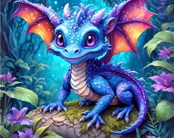 Art print on canvas, adorable dragon with big orange ears, baby blue dragon art for a kid's room