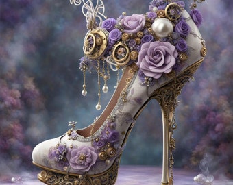 Art print on canvas, steampunk high heel, fancy stiletto