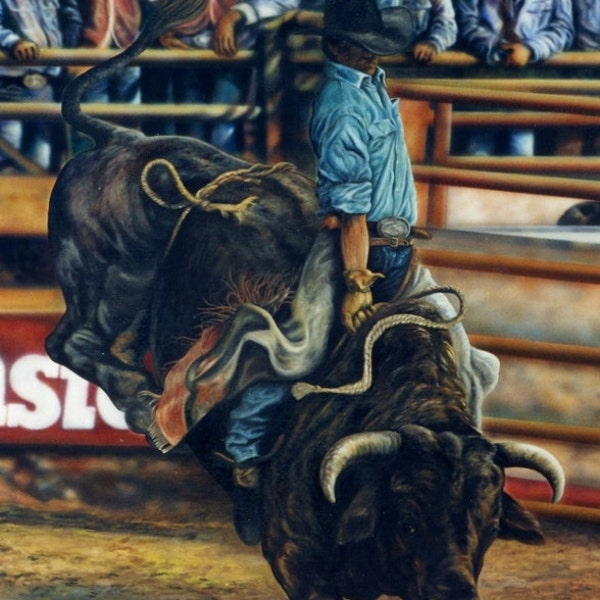 Bull Rider, fine art giclee reproduction, original oil painting, western art, rodeo art, Glenda Okiev