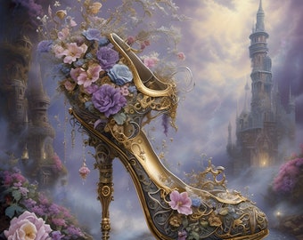 Art print on paper,steampunk stiletto high heel with lavender flowers