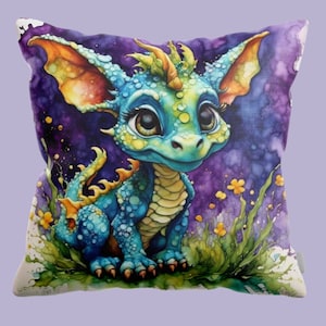 Pillow for a kids room, cute dragon throw pillow, baby fantasy dragon with orange ears