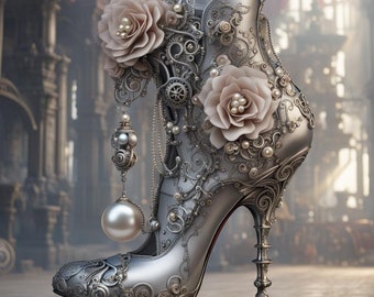 Art print on canvas, steampunk high heel with pearl, fancy stiletto boot