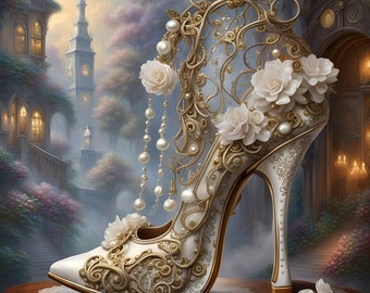 Art print on canvas, embellished white high heel , fantasy steampunk stiletto