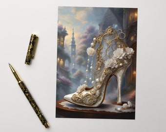 Greeting card, pretty high heel, elegant steampunk stiletto