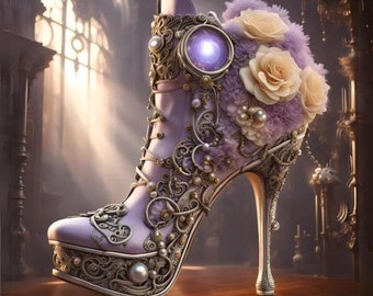 Art print on canvas, high heel wall art, steampunk high heel boot, fantasy stiletto