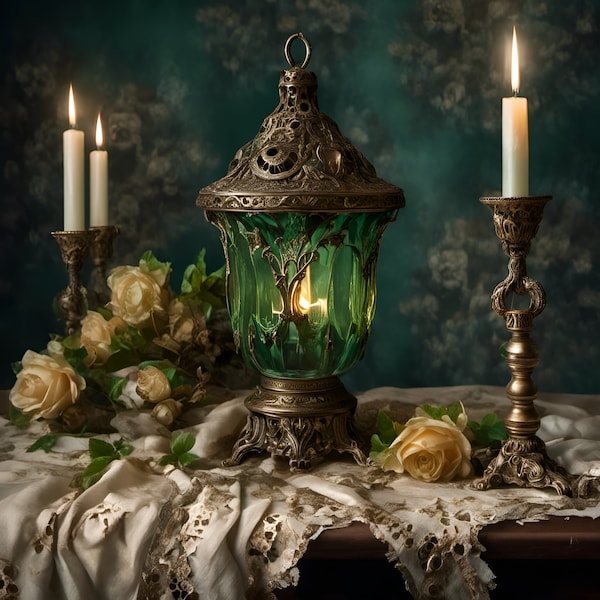 Art print on canvas, candlelight still life, antique candle lantern with old fashioned flowers