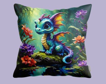 Pillow for a kids room, cute baby dragon throw pillow, gift for a child