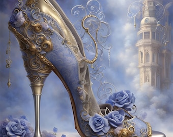 Art print on canvas, fantasy steampunk high heel, fancy blue stiletto