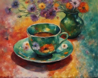 Art print on canvas, colorful coffee cup and saucer on a colorful table cloth, vase of wild flowers