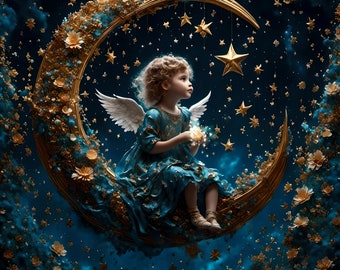Art print on paper, dreamy little angel perched on a crescent moon holding a glowing star, fantasy nighttime sky with lots of stars