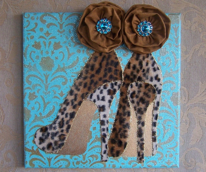 Collage Wall Art,high Heel Shoes, Mixed Media, Wall Decor,home,decor, Fabric Flower,stiletto