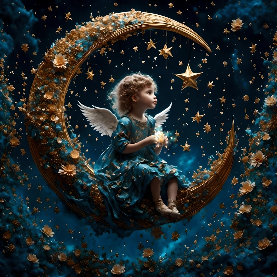 Angel on Moon Canvas Print: Celestial Nursery Art by Glenda