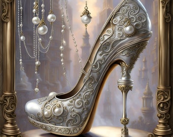 Art print on canvas, silver steampunk high heel, fancy stiletto with pearls