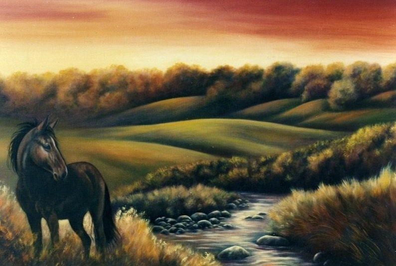 Art print on paper, majestic horse, western landscape, brown horse image 1